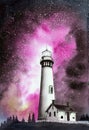 Watercolor illustration of a lighthouse on the hill under the starry sky