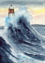 Watercolor illustration of a lighthouse in the middle of a raging dark blue ocean