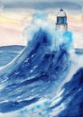 Watercolor illustration of a lighthouse in the middle of a raging dark blue ocean