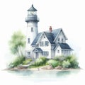 Watercolor illustration of a lighthouse on the shores of Lake Superior. Royalty Free Stock Photo