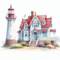 Watercolor illustration of a lighthouse on the shores of Lake Superior. Royalty Free Stock Photo