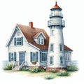 Watercolor illustration of a lighthouse on the shores of Lake Superior. Royalty Free Stock Photo