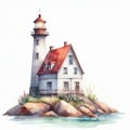 Watercolor illustration of a lighthouse on the shores of Lake Superior. Royalty Free Stock Photo