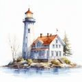 Watercolor illustration of a lighthouse on the shores of Lake Superior. Royalty Free Stock Photo