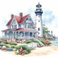 Watercolor illustration of a lighthouse on the shores of Lake Superior. Royalty Free Stock Photo