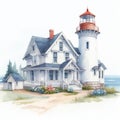 Watercolor illustration of a lighthouse on the shores of Lake Superior. Royalty Free Stock Photo