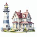 Watercolor illustration of a lighthouse on the shores of Lake Superior. Royalty Free Stock Photo