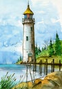 Watercolor illustration of a lighthouse on a small green island Royalty Free Stock Photo