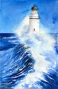 Watercolor illustration of a lighthouse in a stormy blue sea