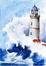 Watercolor illustration of a lighthouse in a stormy blue sea