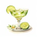 Exotic Watercolor Illustration Of A Lime Drink On A Saucer