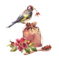 Watercolor illustration linen bag and wooden spoon with rosehip tea, brier flowers and berries, and goldfinch bird