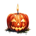 Watercolor Illustration of a Lit Jack-o\'-Lantern with Dripping Wax Royalty Free Stock Photo