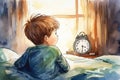 Watercolor illustration of a little boy looking at an alarm clock, AI Royalty Free Stock Photo