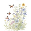 Watercolor illustration of little butterflys and green leaves with wild flower on white isolated background. Watercolor pattern,