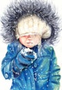 Watercolor illustration of a little girl in a blue jacket with a fur hood Royalty Free Stock Photo