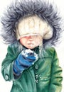 Watercolor illustration of a little girl in a green jacket eating snow Royalty Free Stock Photo