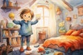 A watercolor illustration of a little girl in her bedroom, AI