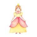 Watercolor illustration of little princess with yellow dress and crown. Cute classic royal girl isolated on white