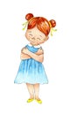 Watercolor illustration of a little red-haired girl in a blue dress and yellow shoes hugs herself
