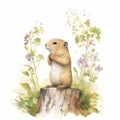 Watercolor Illustration Of A Little Squirrel With Flowers