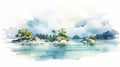 Watercolor Illustration Of A Lively Island Near A Lake