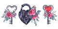 Watercolor illustration of a lock and key with viva mangenta roses, buds, leaves, eucalyptus,and red berries in vintage