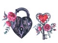 Watercolor illustration of a lock and key with viva mangenta roses, buds, leaves, eucalyptus,and red berries in vintage