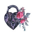 Watercolor illustration of a lock with viva mangenta roses, buds, leaves, eucalyptus,and red berries in vintage style.