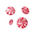 Watercolor illustration of lollipops, candies. Christmas sweets. Candy with red and white stripes. Colorful festive sweet candy. Royalty Free Stock Photo