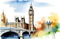 watercolor illustration of London cityscape with Houses of Parliament and Big Ben tower, travelling