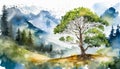 Watercolor illustration lonely green tree, landscape with summer or spring green trees Nature beauty Royalty Free Stock Photo