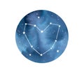 Watercolor illustration of Love Constellation with cute heart symbol outline, starry sky piece and beautiful navy blue gradient.