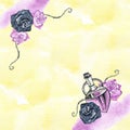 Watercolor illustration of a love potion. Witch elixir. Halloween design. Print valentine`s day. Pink purple glass