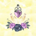 Watercolor illustration of a love potion. Witch elixir. Halloween design. Print valentine`s day. Pink purple glass