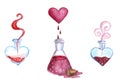 Watercolor illustration love potions, red liquid in flasks Royalty Free Stock Photo