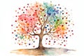 Love tree with heart leaves on white background, watercolor illustration. Royalty Free Stock Photo