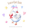Watercolor illustration lovely cute White goose. Clossed eyes. Colorful Heart, stars.