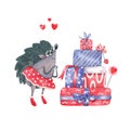 Watercolor illustration of a lovely hedgehog with a pile of gift boxes.