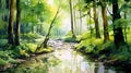 watercolor illustration of a lush green forest