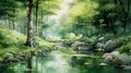 watercolor illustration of a lush green forest