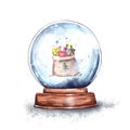 Watercolor illustration.magic Christmas glass snow globe on a wooden stand with a bag full of gifts inside