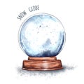 Watercolor illustration of a Magic Christmas glass snow globe on a wooden stand.New year`s surprise, Santa Claus gift