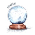 Watercolor illustration of a Magic Christmas glass snow globe on a wooden stand.New year's surprise, Santa Claus gift, snow