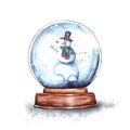 Watercolor illustration.magic Christmas glass snow globe on a wooden stand with a small funny snowman inside Royalty Free Stock Photo