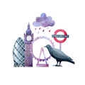 Watercolor illustration with main landmarks and symbols of London