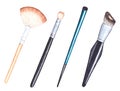 Watercolor illustration of make up tools. Hand painted beauty brushes for eyeshadow, foundation and higlighter.