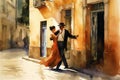 watercolor illustration of a man in a suit and hat and a woman in a long red dress dancing on a sunny little street