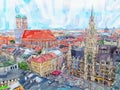 Watercolor illustration of Marienplatz in Munich cityscape. Aerial View