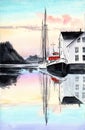 Watercolor illustration of a marina with wooden cottages and sailing yachts near the pier